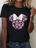 1pc Fun Printed Short Sleeve, Sweet Floral Butterfly And Bow Pattern, Women'S Fashion Casual Short Sleeve T-Shirt Blouse, Trendy Individual Fun Printed Comfortable Round Neck Base Layer, Suitable for Gift T-Shirt, Comfortable Breathable Sweatshirt
