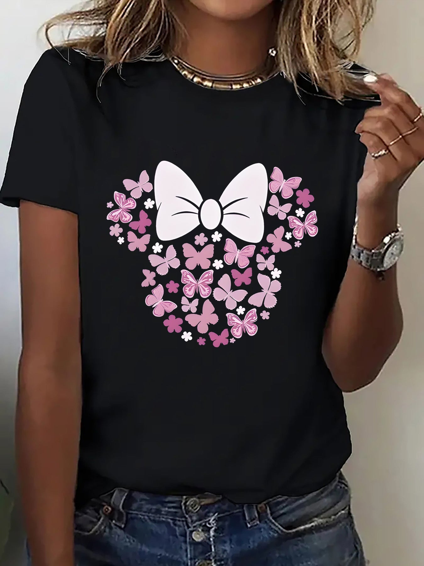 1pc Fun Printed Short Sleeve, Sweet Floral Butterfly And Bow Pattern, Women'S Fashion Casual Short Sleeve T-Shirt Blouse, Trendy Individual Fun Printed Comfortable Round Neck Base Layer, Suitable for Gift T-Shirt, Comfortable Breathable Sweatshirt