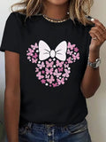 1pc Fun Printed Short Sleeve, Sweet Floral Butterfly And Bow Pattern, Women'S Fashion Casual Short Sleeve T-Shirt Blouse, Trendy Individual Fun Printed Comfortable Round Neck Base Layer, Suitable for Gift T-Shirt, Comfortable Breathable Sweatshirt