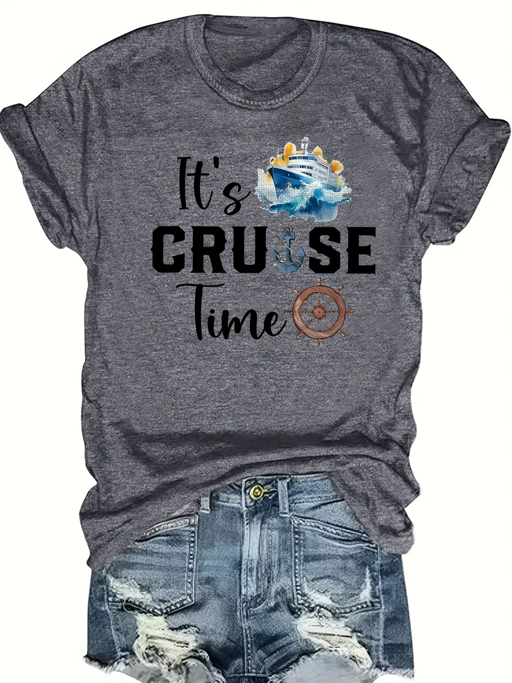 Plus Size - Plus Size - Ladies' Short-Sleeve T-Shirt with a 'Cruise Time' Pattern, Designed for Cruise Travel, Perfect for Comfortable And Casual Wear in Spring And Summer