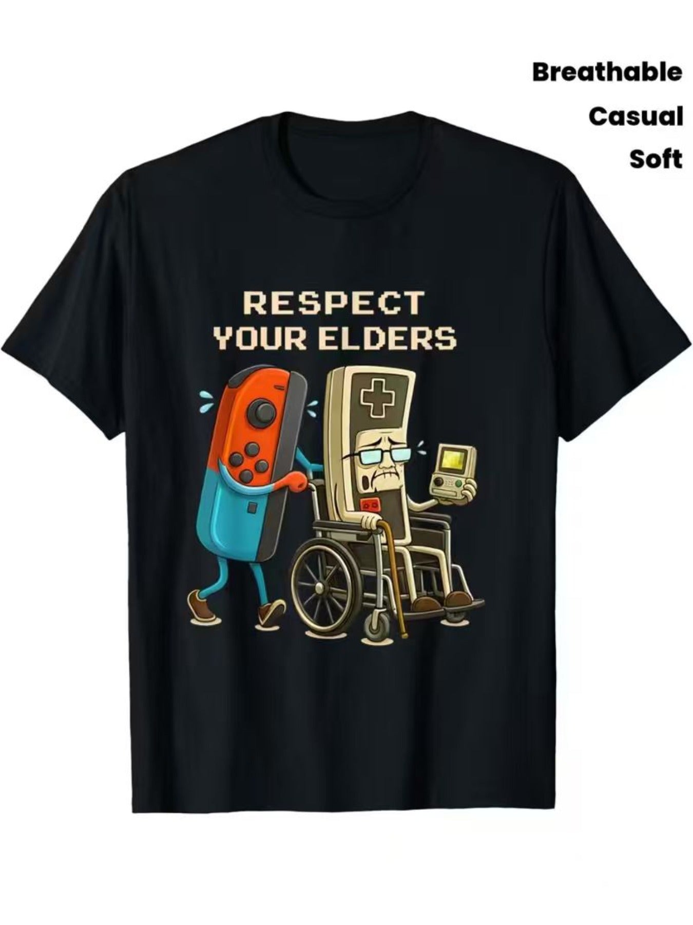 Men's Vintage Gaming T-Shirt Suitable for Casual Wear & Retro Gamer Tee with "Respect Your Elders" & Controller Print - Soft Breathable Crew Neck Short Sleeve Shirt for Summer, Gym, Training - Machine Washable Retro Gamer Apparel