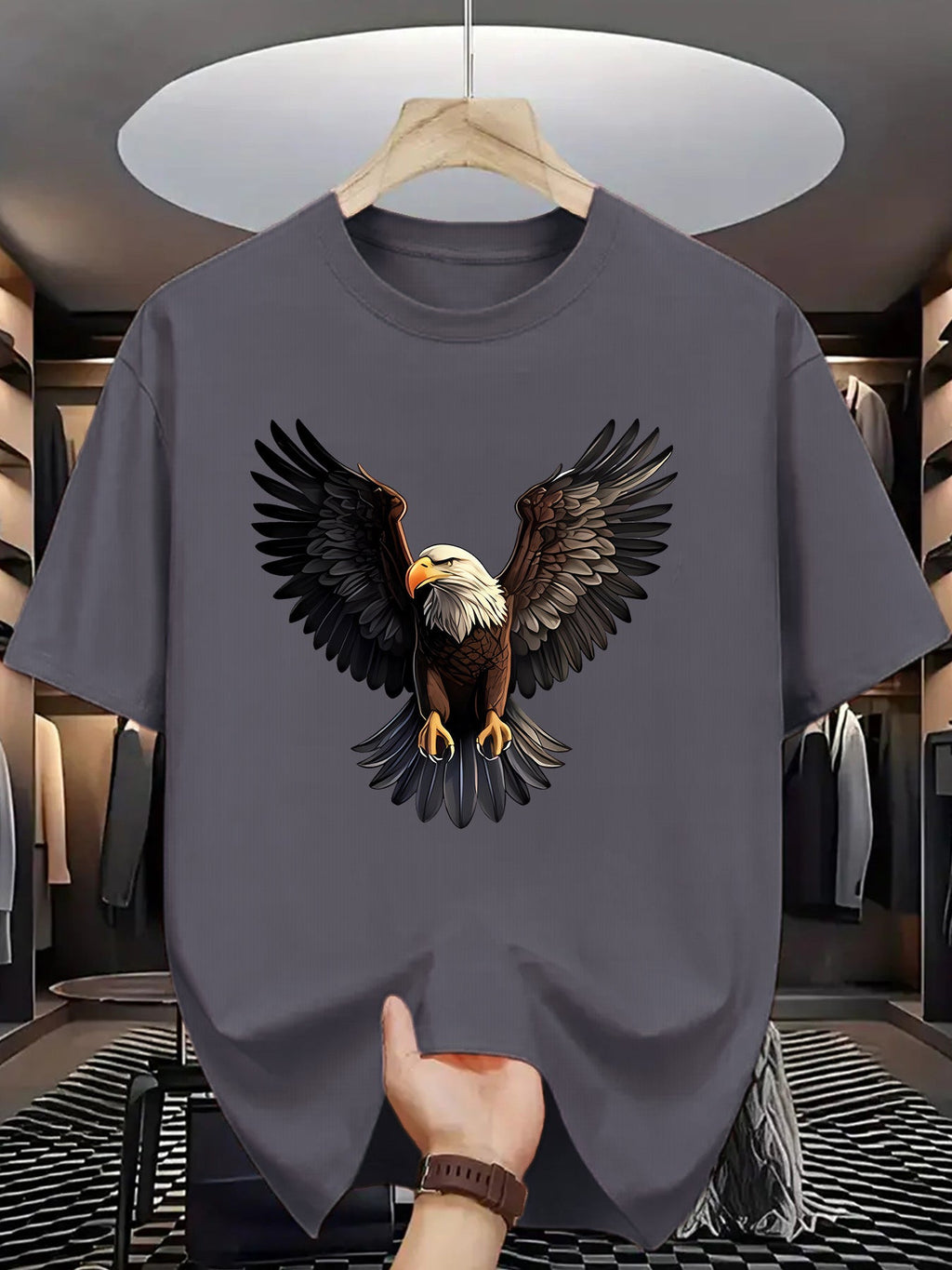 1pc Men'S Summer Fashion Eagle Print Short Sleeve T-Shirt, Casual Crew Neck Polyester Tee with Slight Stretch, Knit Fabric Letter Pattern Print for Adults