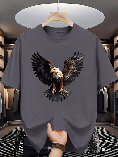 1pc Men'S Summer Fashion Eagle Print Short Sleeve T-Shirt, Casual Crew Neck Polyester Tee with Slight Stretch, Knit Fabric Letter Pattern Print for Adults