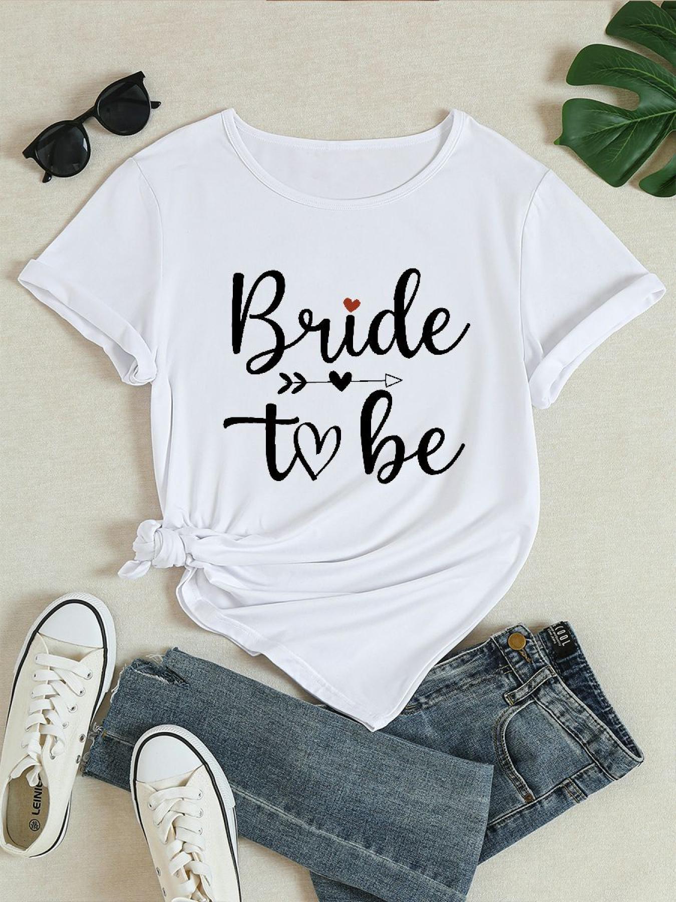 [1pc "Bride to Be" Print Casual T-Shirt] 1pc Women'S Casual Round Neck T-Shirt with "Bride to Be" Print, Polyester Knit Fabric, Short Sleeve Breathable Top for Spring/Summer/Autumn - Regular Length Fashion Tee 241206