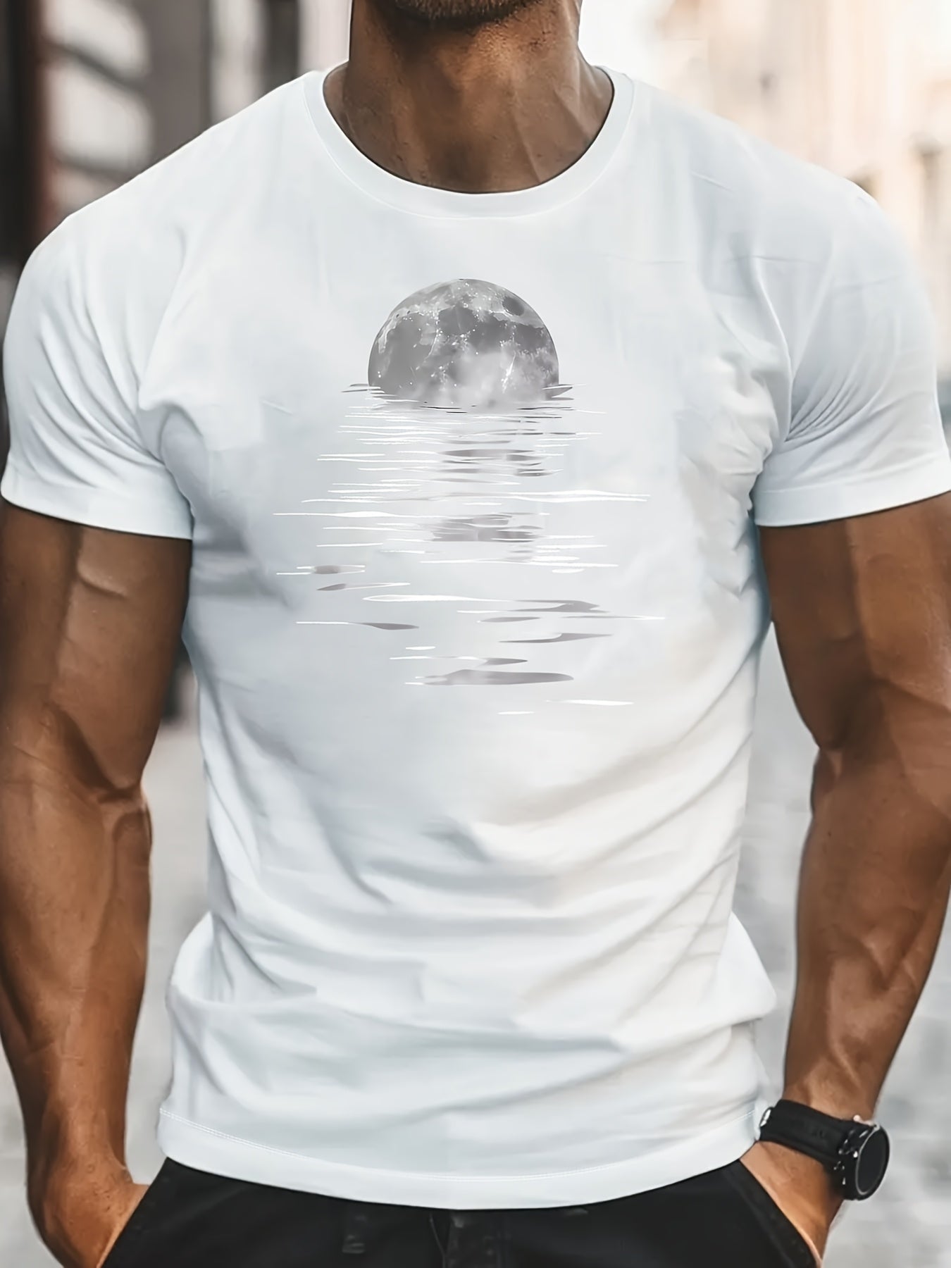 Men's Stylish Moon Creative Print T-Shirt, Crew Neck Short Sleeve, Casual Tee, Versatile Top For Spring And Summer, Trendy Streetwear Fashion