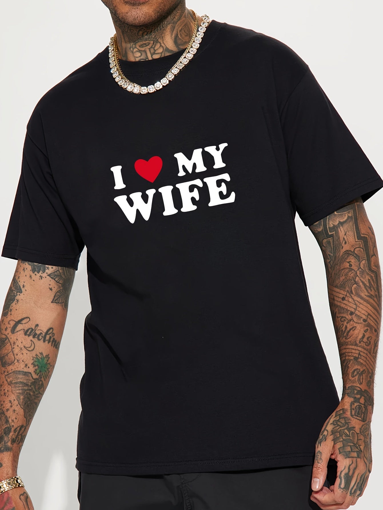 Men's Plus Size "I My Wife" Lettering T-Shirt Compatible for.com - & Tall Casual Round Neck Short Sleeve Tee with Wife, Machine Washable for - Wear (Announcements/ Branding), PLUS SIZE
