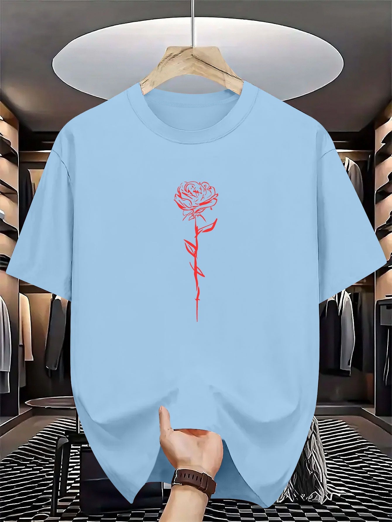 Men's Summer Short-Sleeve Round Neck T-Shirt - Casual & Sportswear Layering Base Shirt with Geometric Rose Print, Breathable for Hot Weather, Machine Washable Casual Outdoor Wear Suitable for Casual Outfits & Layering Pieces