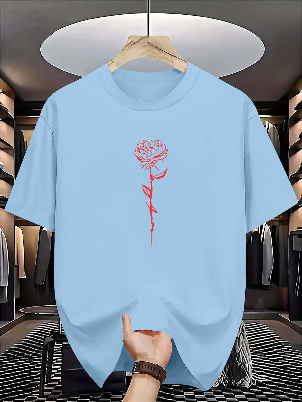 Men's Summer Short-Sleeve Round Neck T-Shirt - Casual & Sportswear Layering Base Shirt with Geometric Rose Print, Breathable for Hot Weather, Machine Washable Casual Outdoor Wear Suitable for Casual Outfits & Layering Pieces
