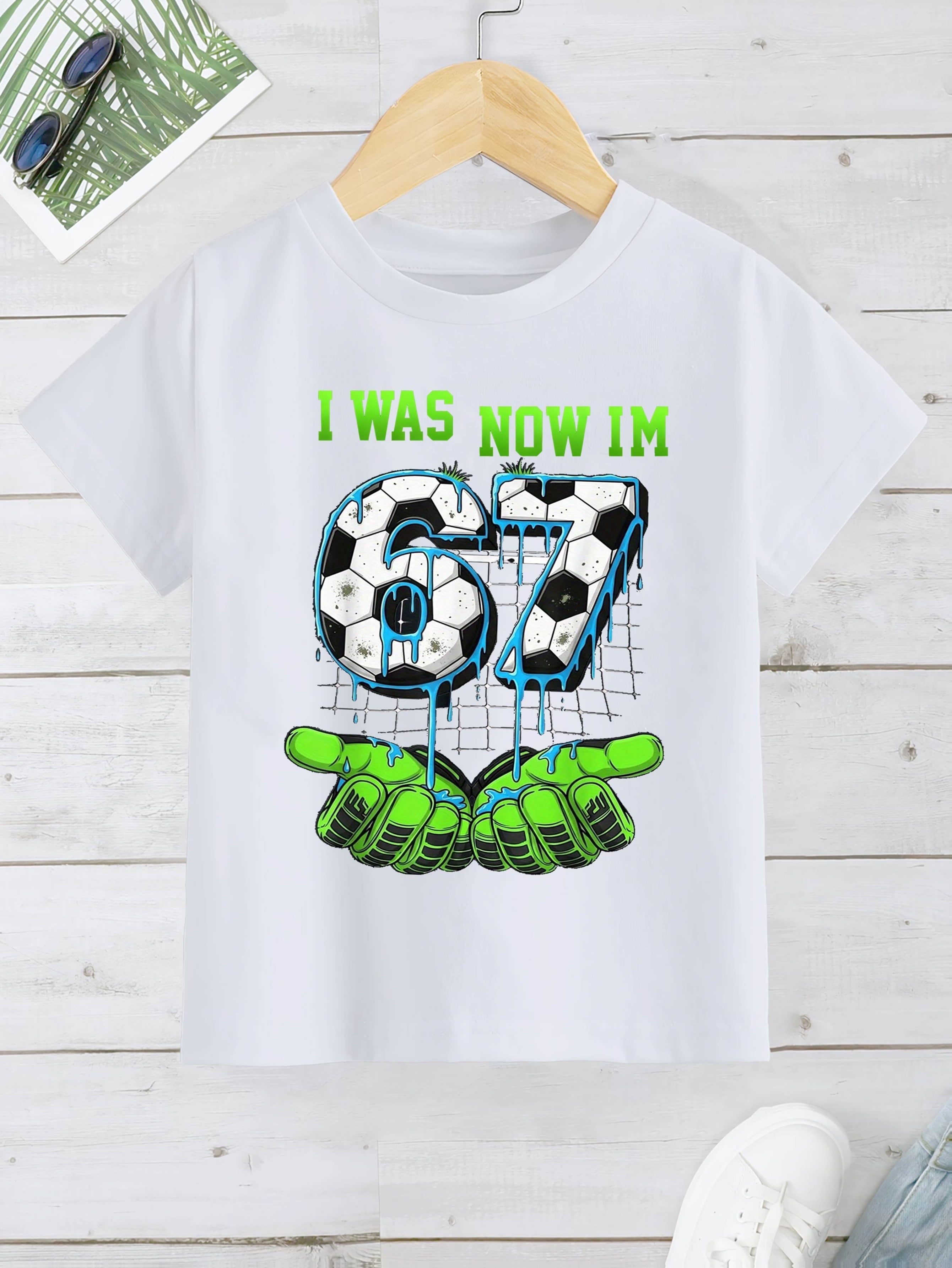 Children's Football "67" T-shirt - Neon Green and Turquoise Football Pattern with Drip Design, Suitable for Casual Round Neck T-shirt of Fans and Players