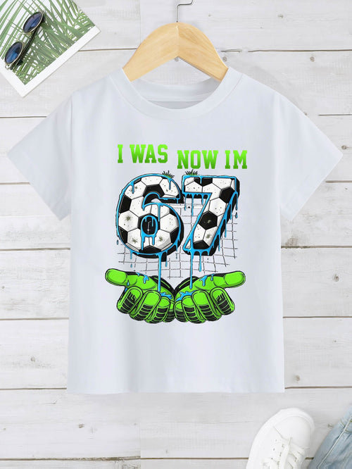 Children's Football "67" T-shirt - Neon Green and Turquoise Football Pattern with Drip Design, Suitable for Casual Round Neck T-shirt of Fans and Players