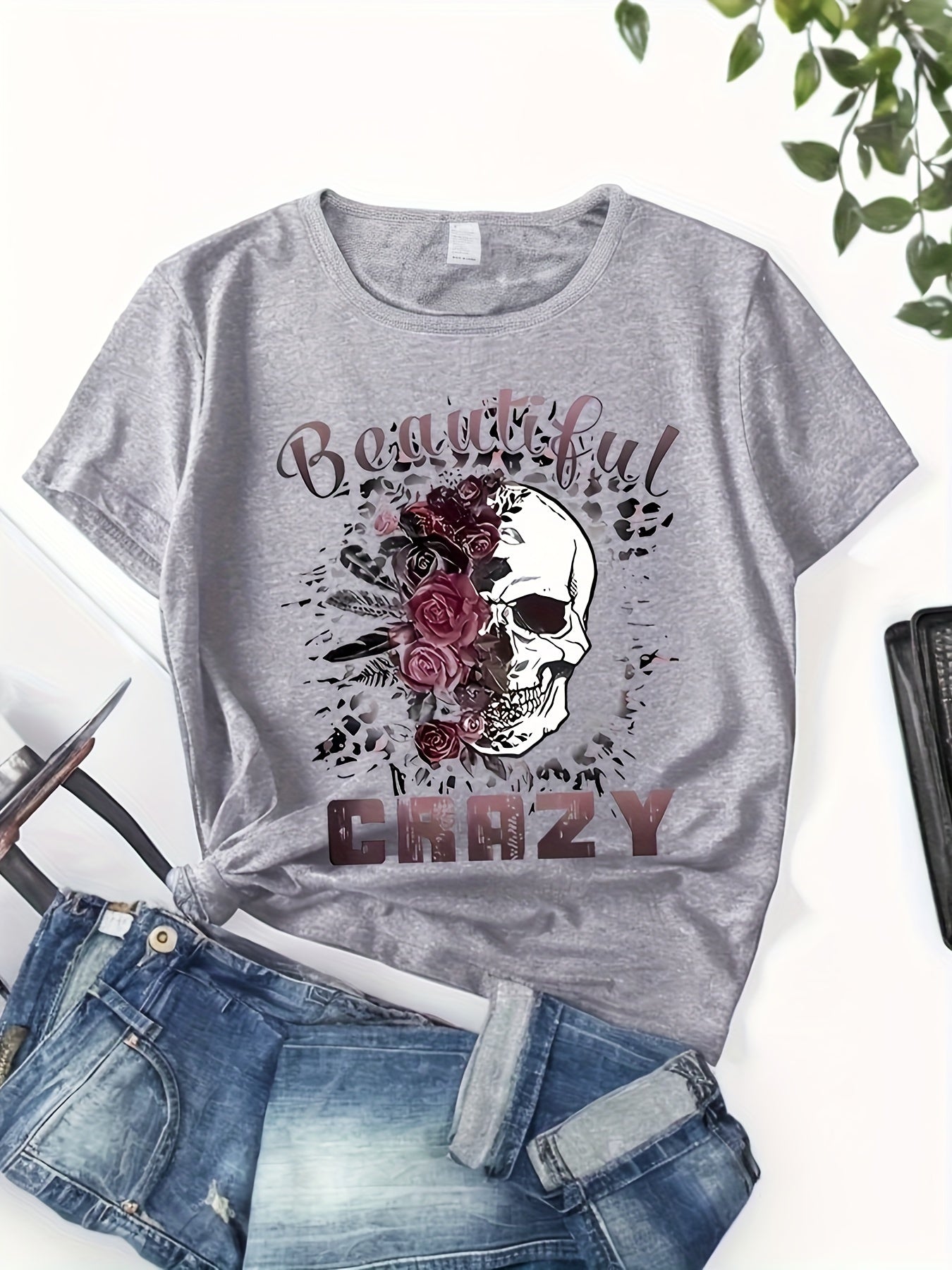 Skull & Letter Print T-shirt, Casual Crew Neck Short Sleeve T-shirt, Women's Clothing