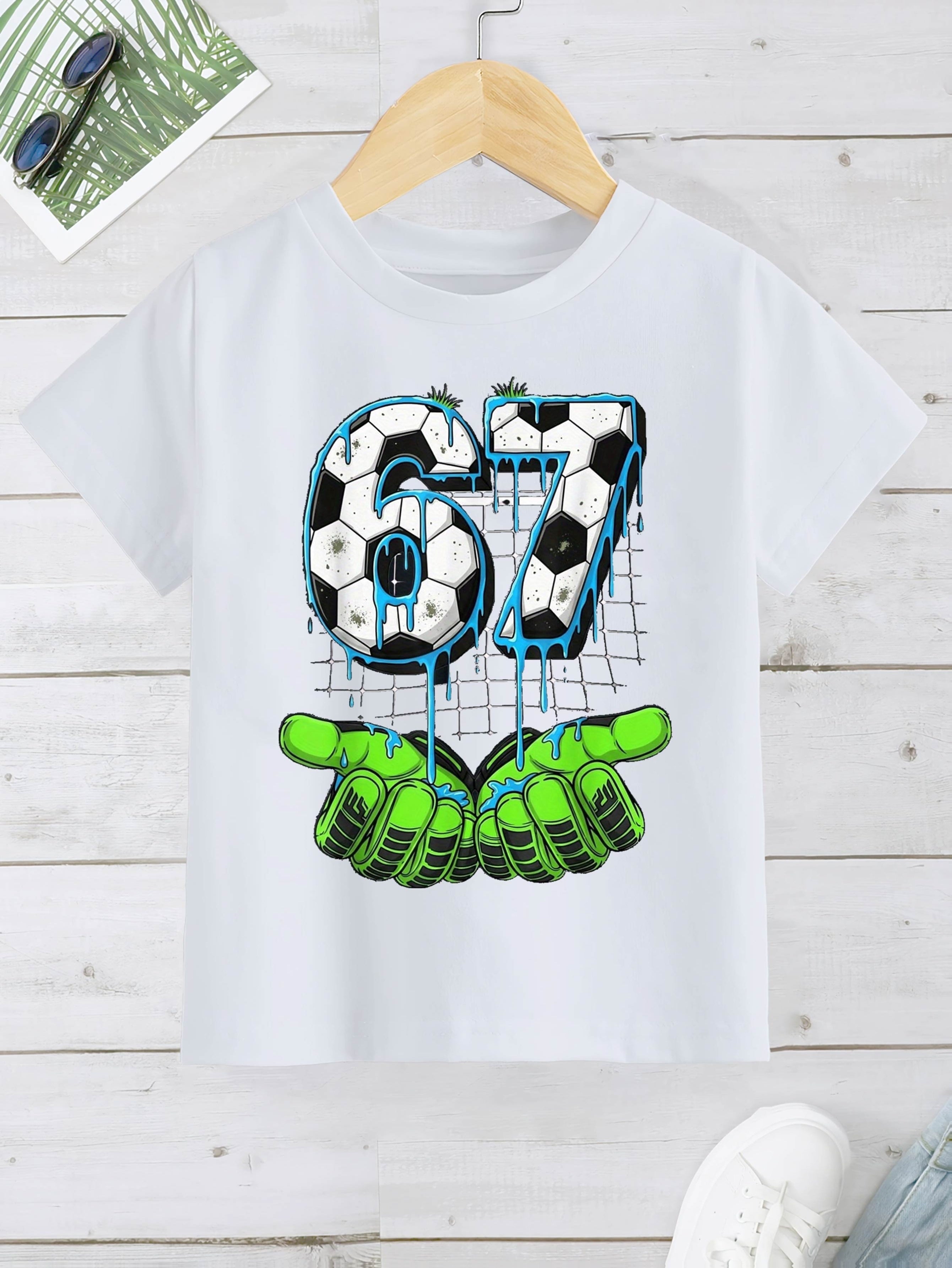 Children's Football "67" T-shirt - Neon Green and Turquoise Football Pattern with Drip Design, Suitable for Casual Round Neck T-shirt of Fans and Players