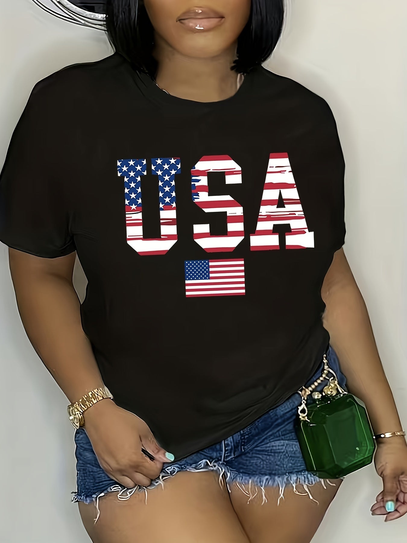 Short Sleeve Round Neck Top with USA Flag Print