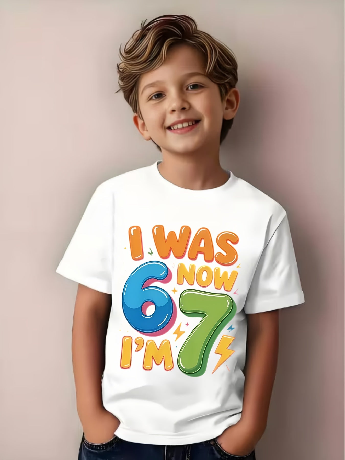 7th Birthday T-Shirt - Fun "I'm 6, Now I'm 7" Number 67 Design with Balloons and Confetti - Soft, Breathable Crewneck Casual Tee for 7-Year-Old Boys - Comfortable All-Season Birthday Party Outfit - Ideal Gift for 7th Birthday Celebrations