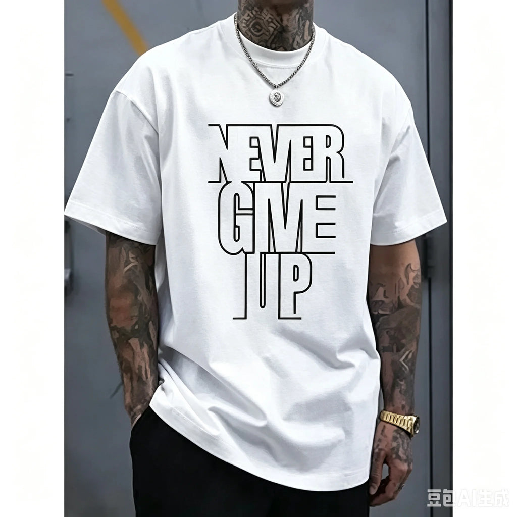 Unisex Casual Graphic T-Shirt, 'Never Give Up' Print, 100% Cotton Loose Fit Short Sleeve, All-Seasons Wear, Plus Size Available, Shortsleeve