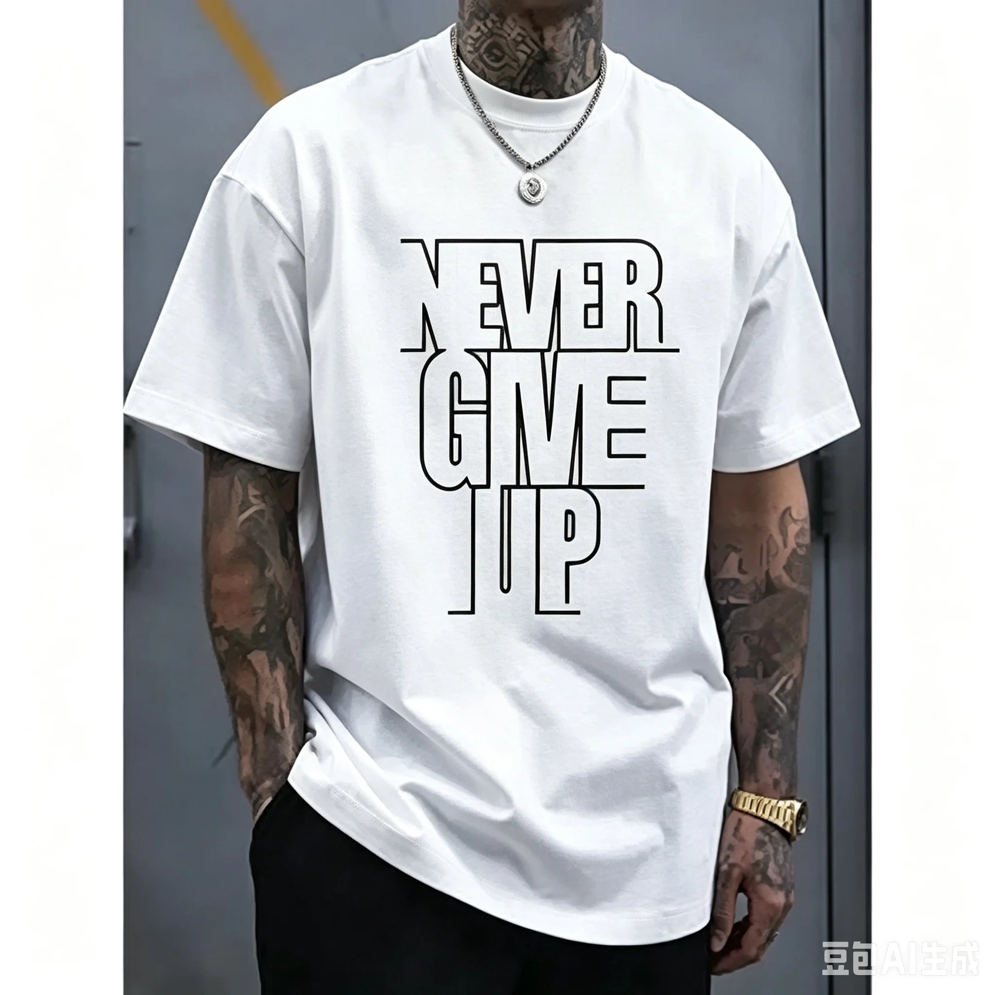 Unisex Casual Graphic T-Shirt, 'Never Give Up' Print, 100% Cotton Loose Fit Short Sleeve, All-Seasons Wear, Plus Size Available, Shortsleeve