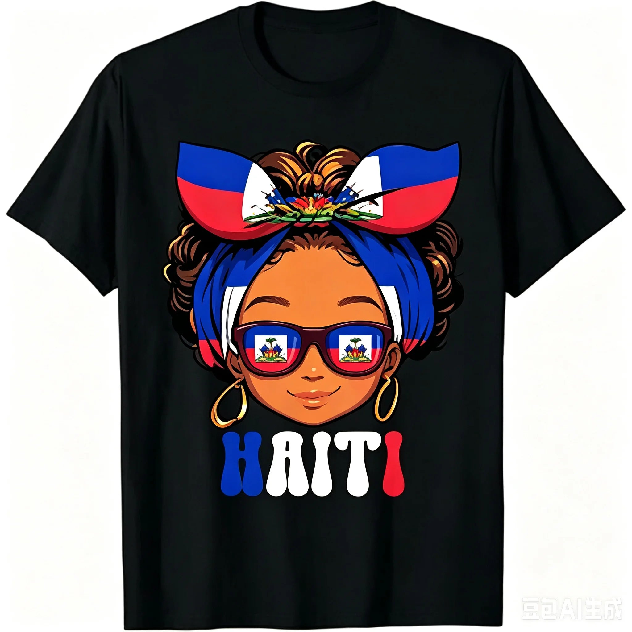 Haitian Girl Graphic T-Shirt Haiti Pride Messy Hair Flag Print Short Sleeve Cotton Tee Patriotic Kids Boys Girls Casual Tops Birthday Gift