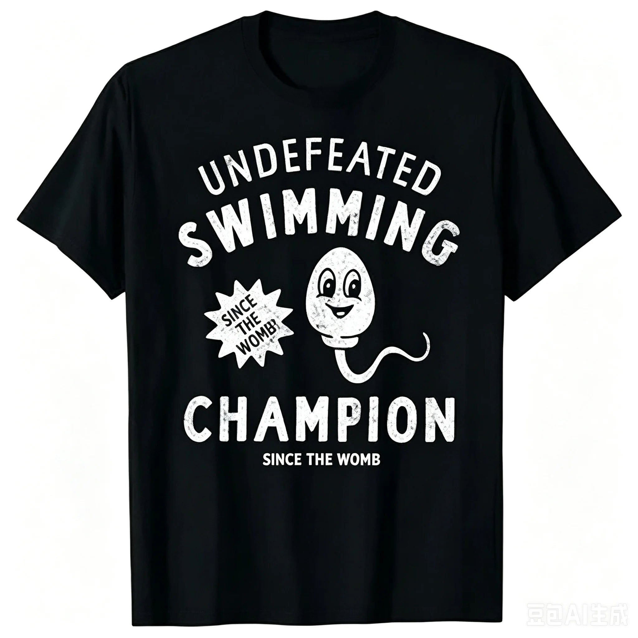 Unisex Funny Undefeated Swimming Champion T-Shirt Sperm Vintage Graphic Print Round Neck Short Sleeve Cotton Tee Casual Streetwear Humor Gift Tops For Men Women