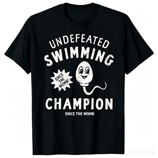 Unisex Funny Undefeated Swimming Champion T-Shirt Sperm Vintage Graphic Print Round Neck Short Sleeve Cotton Tee Casual Streetwear Humor Gift Tops For Men Women