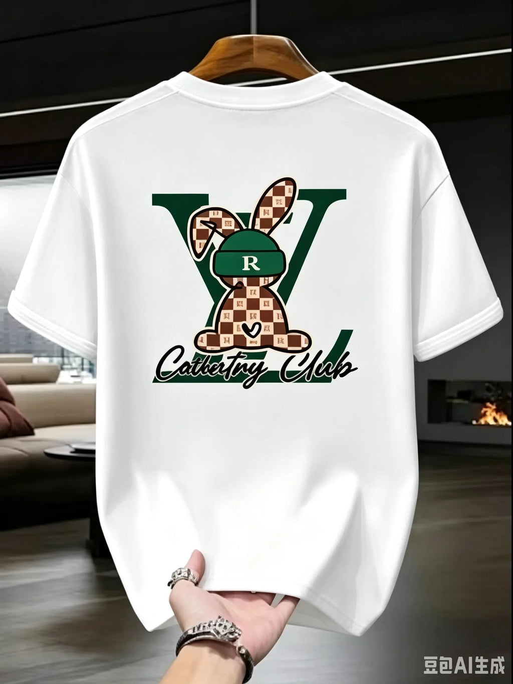 2026 Summer New Pure Cotton T Shirt Men Checkered Rabbit LV Letter Graphic Short Sleeve Top Country Club Print Casual Trendy Versatile Streetwear Tee