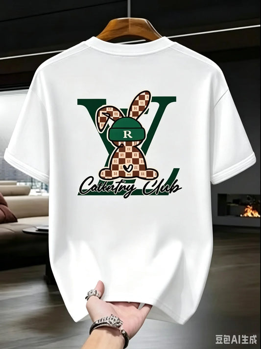 2026 Summer New Pure Cotton T Shirt Men Checkered Rabbit LV Letter Graphic Short Sleeve Top Country Club Print Casual Trendy Versatile Streetwear Tee