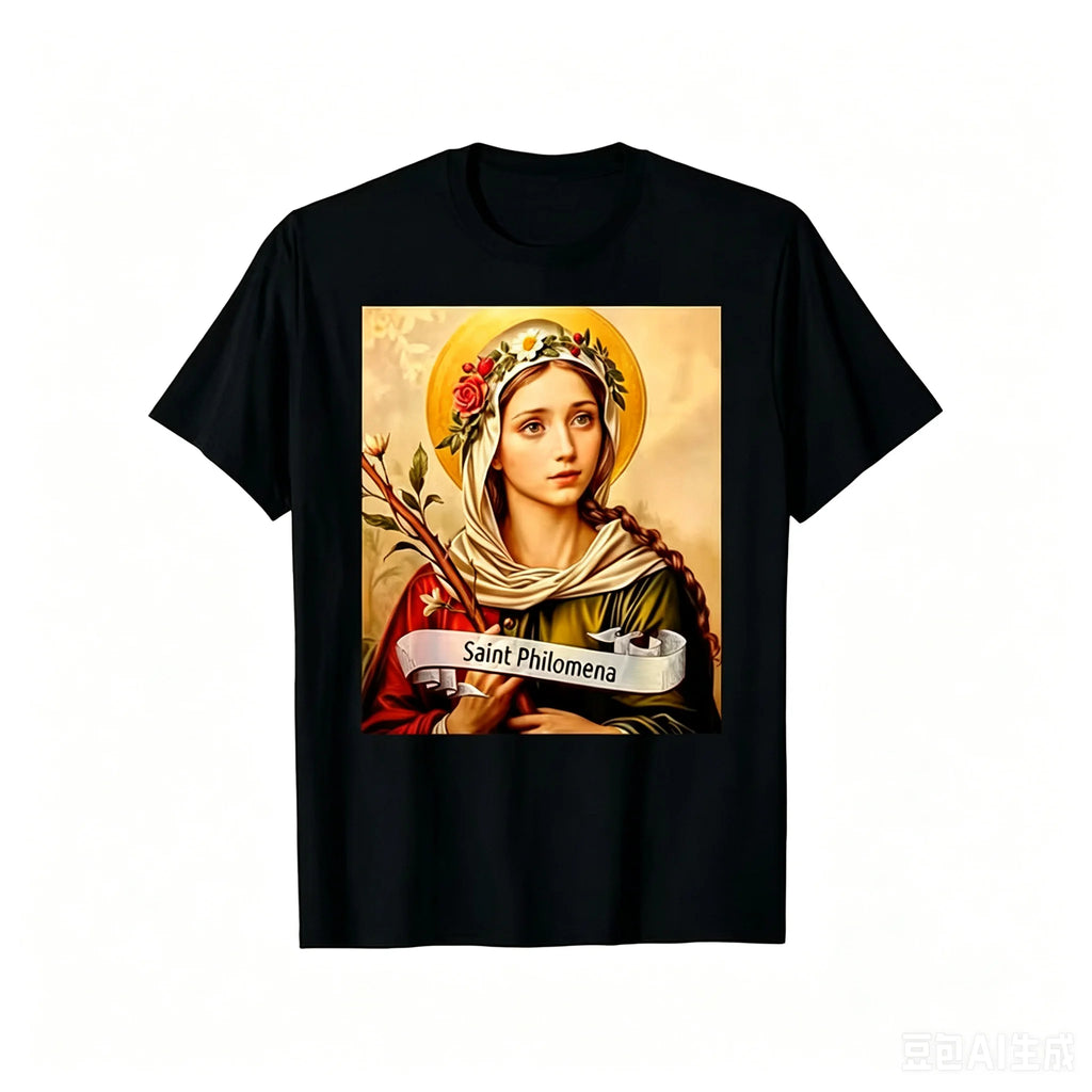 Saint Philomena Catholic T Shirt For Men Women Religious Floral Iconic Print Short Sleeve Tee Round Neck Casual Church Mass Wear Unisex Faith Gift Tops
