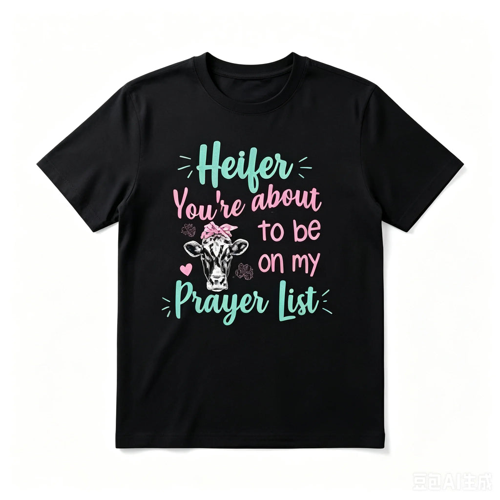 Unisex Heifer You're About To Be On My Prayer List Funny Cow Graphic T Shirt Retro Typography Print Soft Short Sleeve Casual Daily BBQ Birthday Gift For Men Women Friends Tees Tops