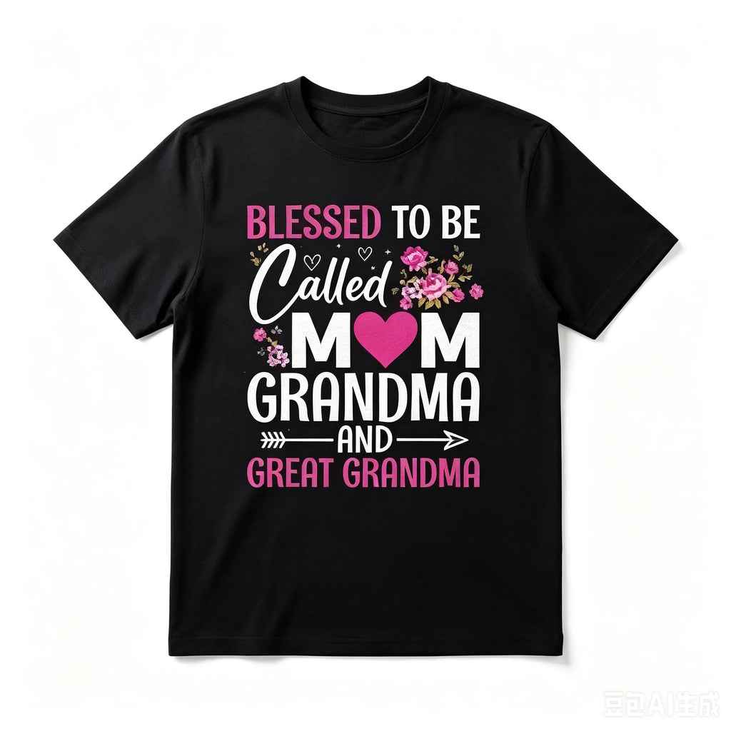Blessed Mom Grandma Great Grandma Graphic T Shirt Men Soft Short Sleeve Tops Floral Heart Print Tees Daily Wear Family Gathering Casual Gift For Men Women Friends