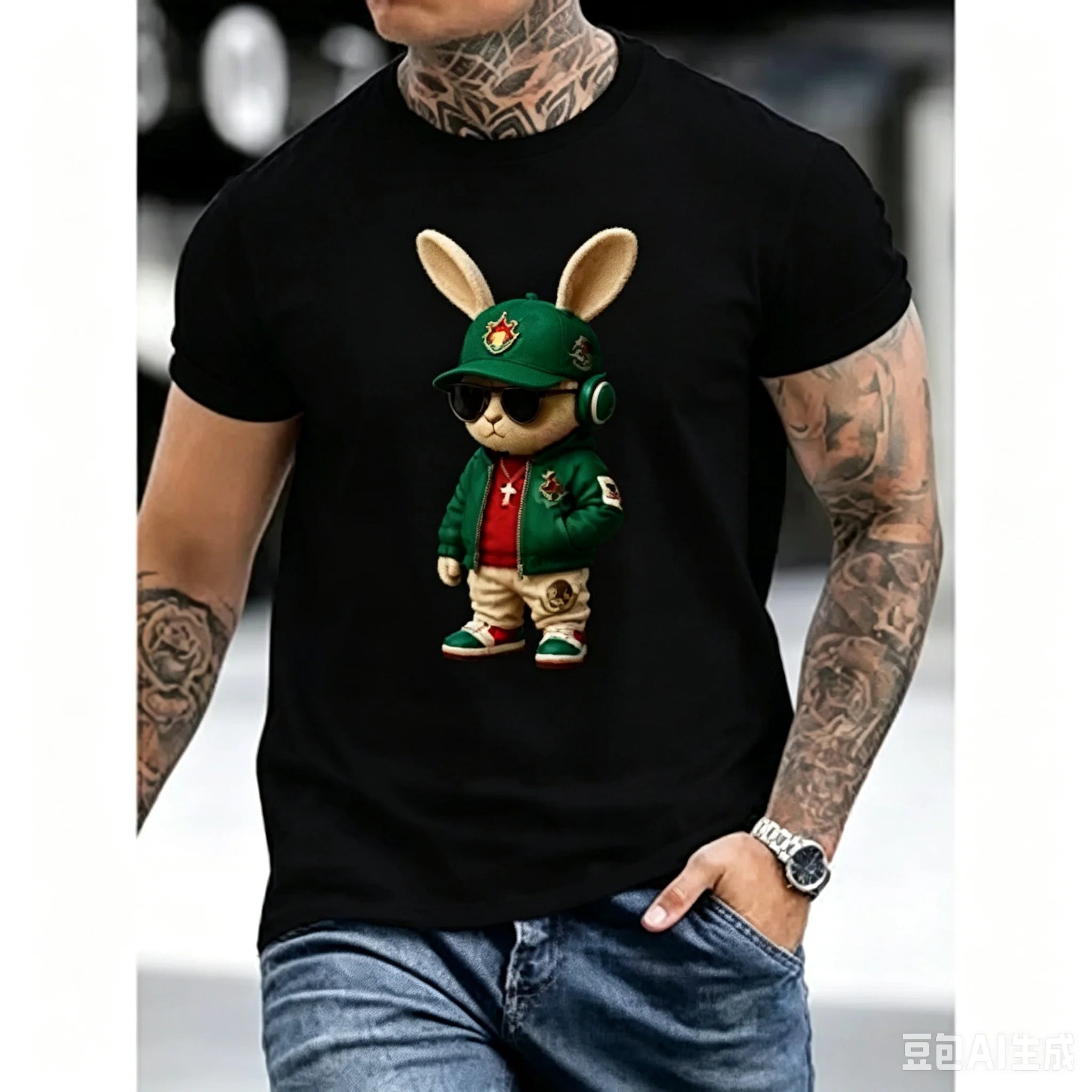 Cool Hip Hop Bunny Graphic T Shirt Men 100% Cotton Short Sleeve Tee Streetwear Vibrant Cartoon Rabbit Print Casual Fashion Tops