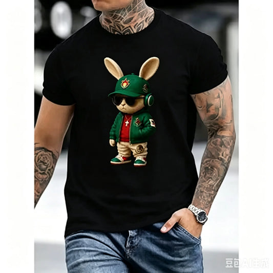 Cool Hip Hop Bunny Graphic T Shirt Men 100% Cotton Short Sleeve Tee Streetwear Vibrant Cartoon Rabbit Print Casual Fashion Tops
