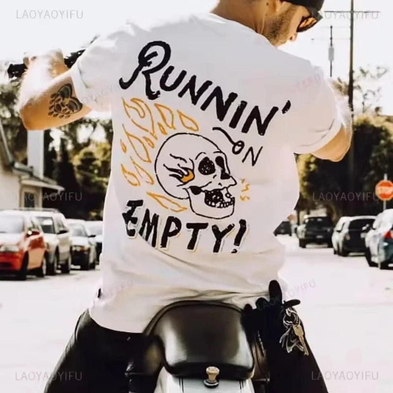 2025 New Summer Biker Drinking Beer Skull Graphic Men's Cotton T-Shirt Punk Rock Streetwear Vintage Halloween Party Casual HOT