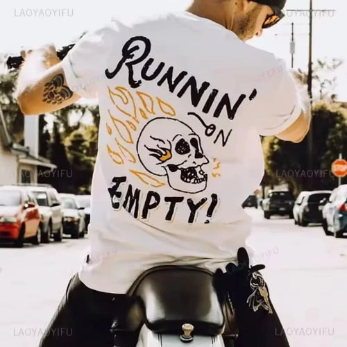 2025 New Summer Biker Drinking Beer Skull Graphic Men's Cotton T-Shirt Punk Rock Streetwear Vintage Halloween Party Casual HOT