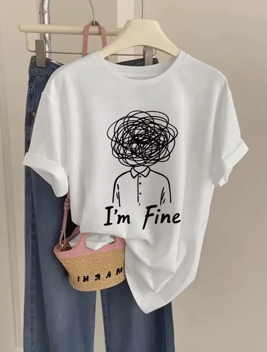 Women's "I'm Fine" Graphic Print T-Shirt - Short Sleeve Crew Neck Casual Top with Relaxed Fit Spring Ladies T Shirts