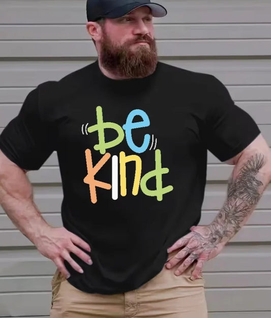 Plus Size Men's Stylish Loose Be Kind Pattern Shirt Casual Breathable Crew Neck Short Sleeve Top for Summer Men's Clothing
