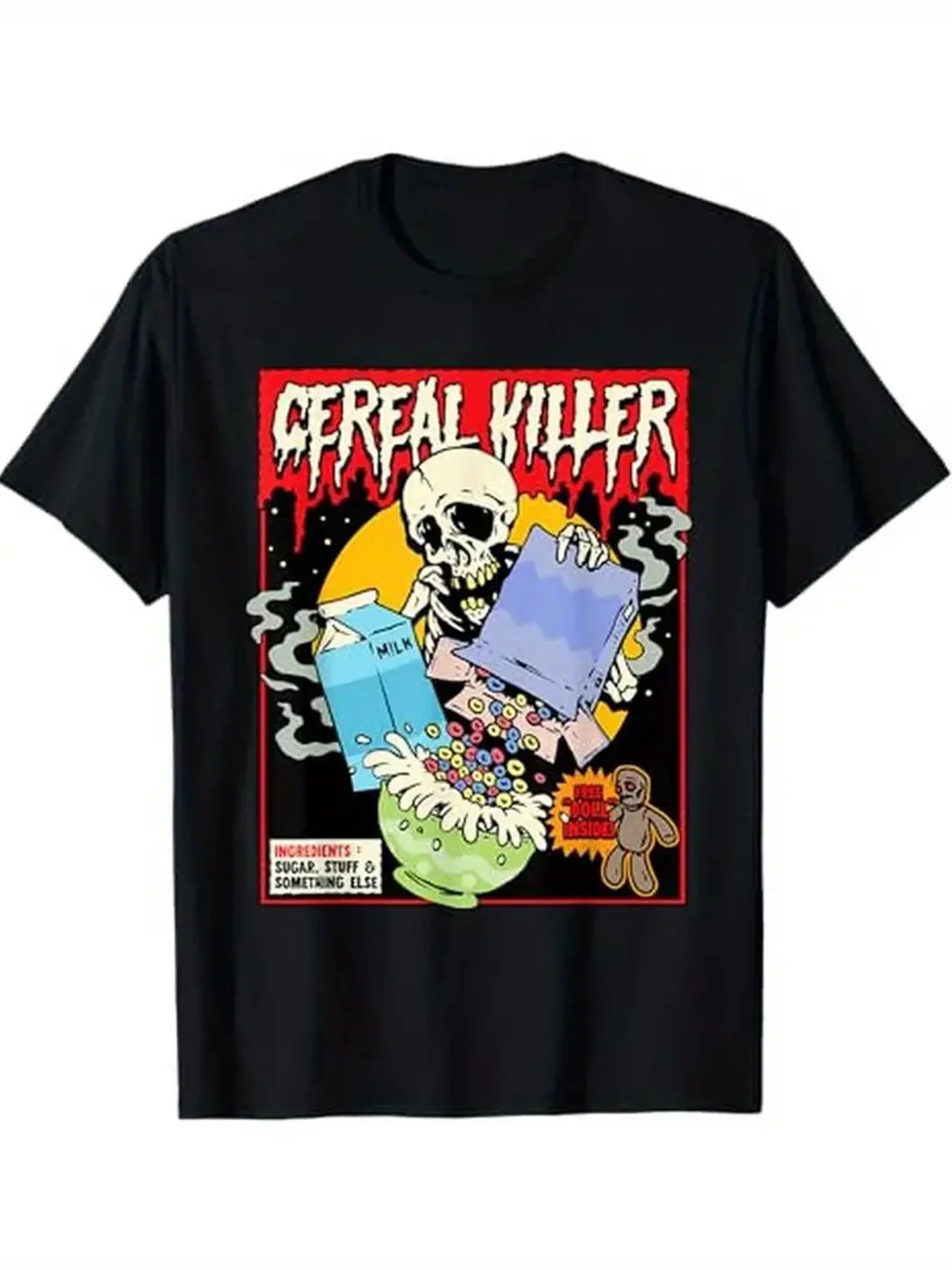 Men'S 'Cereal Killer' Graphic T-Shirt | Fun Black Tee with Bold Red and White Text, Whimsical Skull Design, Colorful Cereal Bowl, Adorable Teddy Bear, Perfect for Casual Outings and Unique Gift - Lightweight for Ultimate Comfort