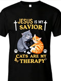 Faith and Cat Comfort Pattern T-Shirt- Dual Theme Design "Redemption and Healing", Cat Illustration, Soft-Toned Shirt, Emotional Comfort and Belief Expression, PLUS SIZE