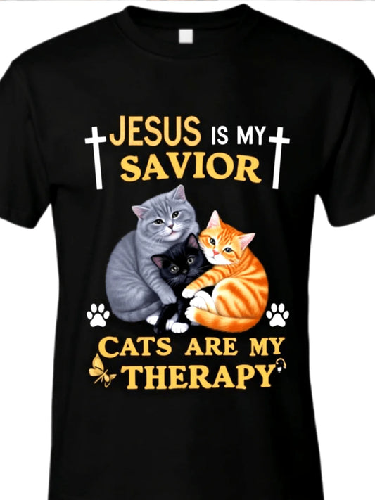 Faith and Cat Comfort Pattern T-Shirt- Dual Theme Design "Redemption and Healing", Cat Illustration, Soft-Toned Shirt, Emotional Comfort and Belief Expression, PLUS SIZE