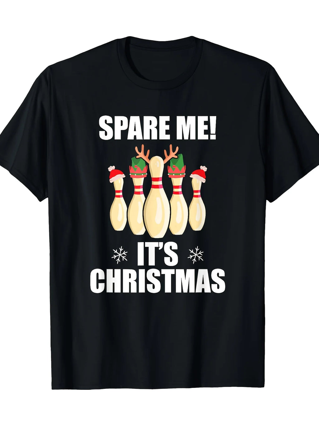 Men's Black Christmas Bowling T-Shirt - SPARE ME! IT's CHRISTMAS Retro Bowling Pin & Graphic Tee, Casual Short Sleeve Round Neck Shirt for Bowling Parties, Holiday Gifts & All-Season Wear (Machine Washable)