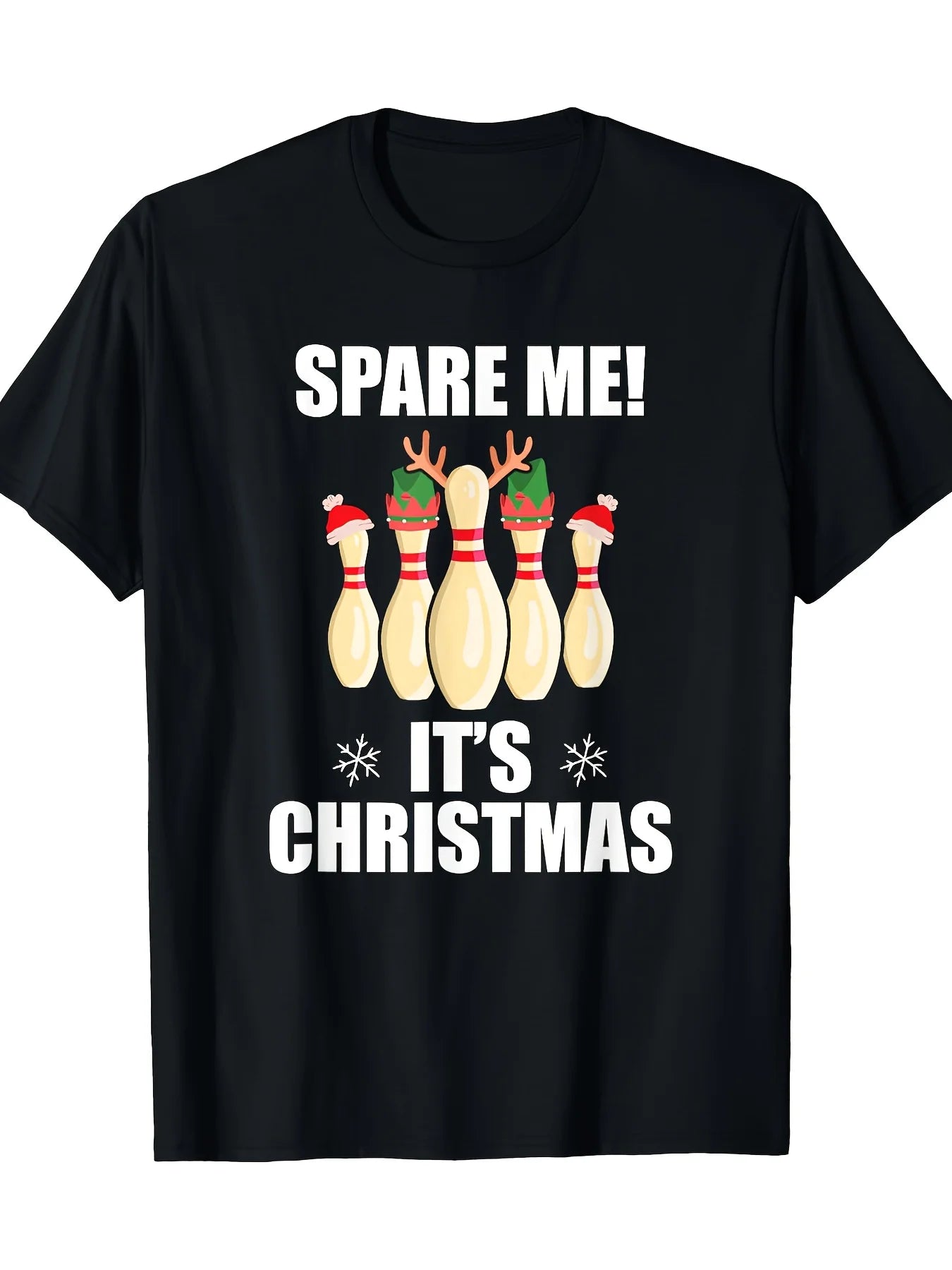 Men's Black Christmas Bowling T-Shirt - SPARE ME! IT's CHRISTMAS Retro Bowling Pin & Graphic Tee, Casual Short Sleeve Round Neck Shirt for Bowling Parties, Holiday Gifts & All-Season Wear (Machine Washable)