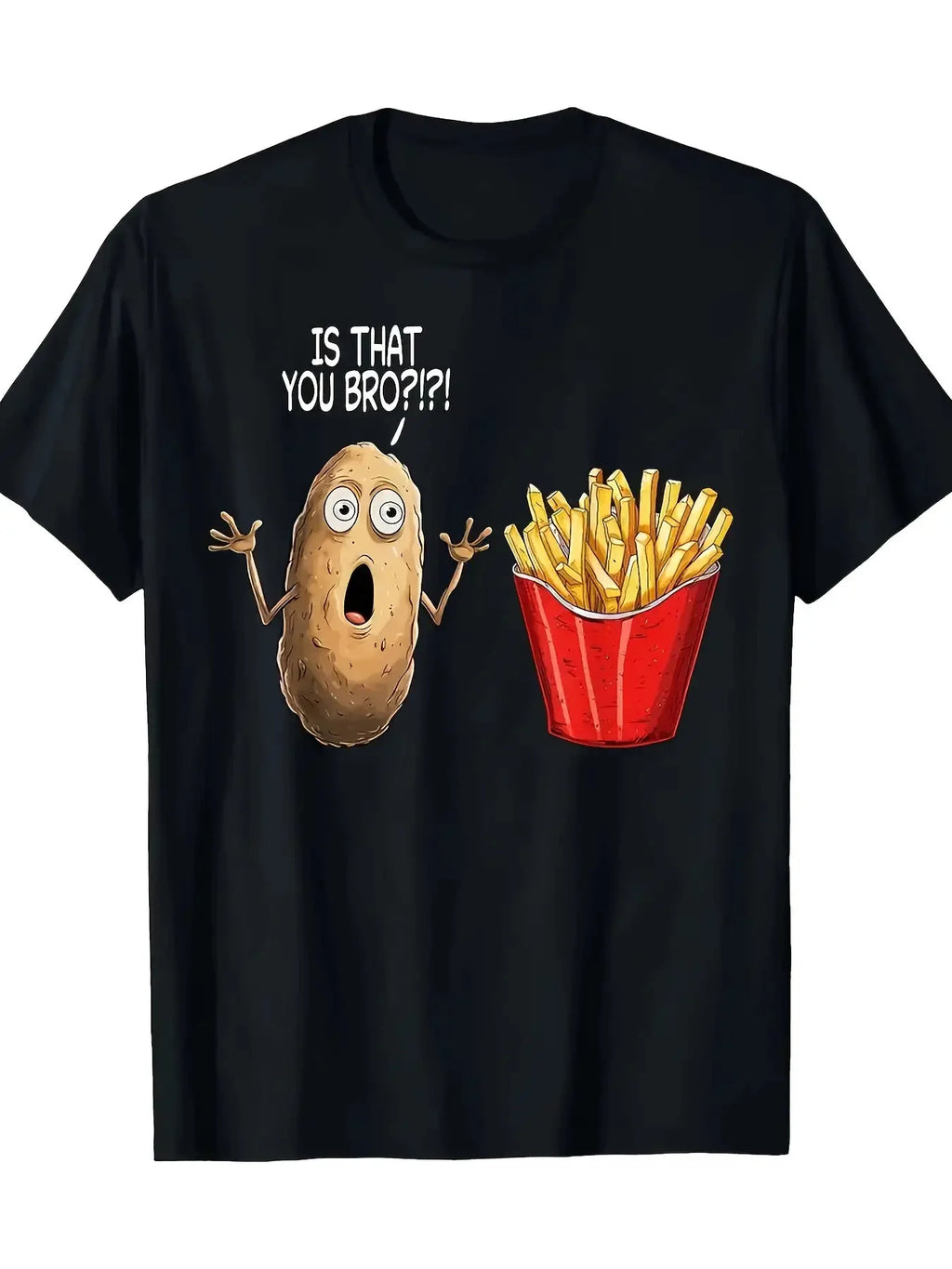 Men's Humorous 'Is It You, Bro?' Potato Chips Pattern Cartoon Print T-Shirt Casual Breathable Crew Neck Top, Machine Washable Regular Fit, Suitable for Daily Wear, Comfortable Fabric, Black
