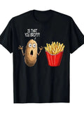 Men's Humorous 'Is It You, Bro?' Potato Chips Pattern Cartoon Print T-Shirt Casual Breathable Crew Neck Top, Machine Washable Regular Fit, Suitable for Daily Wear, Comfortable Fabric, Black