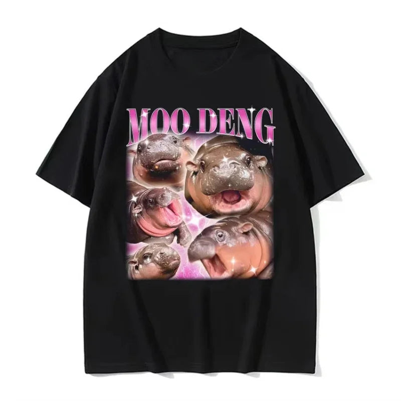HOT SALE Cute Moo Deng Little Hippo Funny Meme T-shirt Ladies Casual Short Sleeve T-shirt Retro Hip Hop Street T-shirt Top
