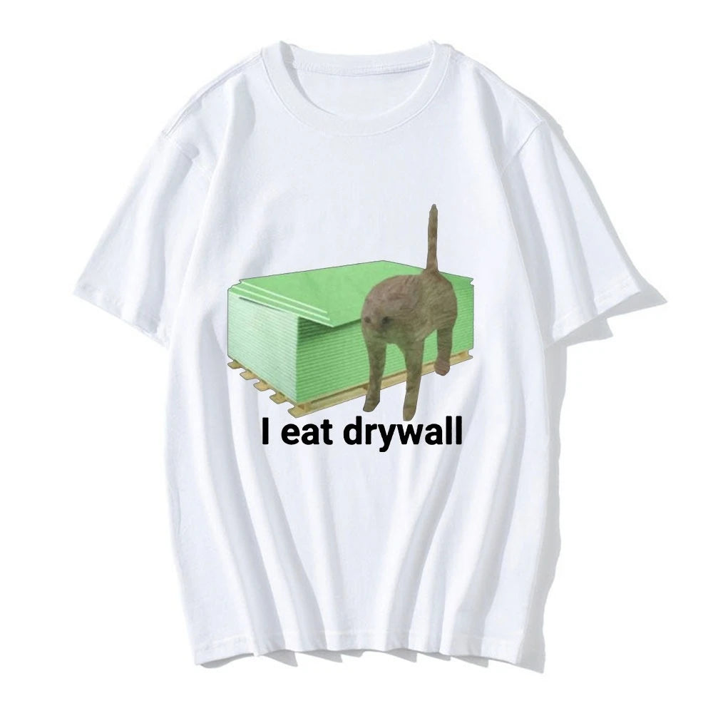 HOT SALE I Eat Drywall T-shirt Funny Cute Cat Emoji Graphic T-shirt Men Women Clothing Casual Oversized T-shirt Street Wear