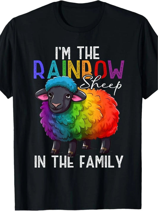 Plus Size, Teenager'S Black T-Shirt, Printed with Rainbow Sheep Pattern And "I Am The Rainbow Sheep of The Family" Words, Casual Short Sleeve Round Neck T-Shirt, Machine Washable, Suitable As Gift for Father, Husband, Grandmother