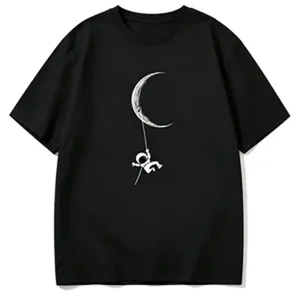 100% Cotton Fashion TrendsMen's Astronaut & Moon Pattern T-Shirt - Casual Summer Crew Neck Short Sleeve Shirt Soft Polyester Blend Machine Washable Comfortable Fit