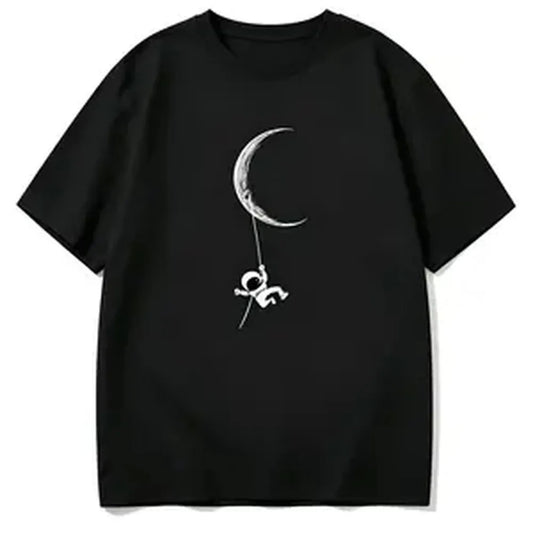 100% Cotton Fashion TrendsMen's Astronaut & Moon Pattern T-Shirt - Casual Summer Crew Neck Short Sleeve Shirt Soft Polyester Blend Machine Washable Comfortable Fit