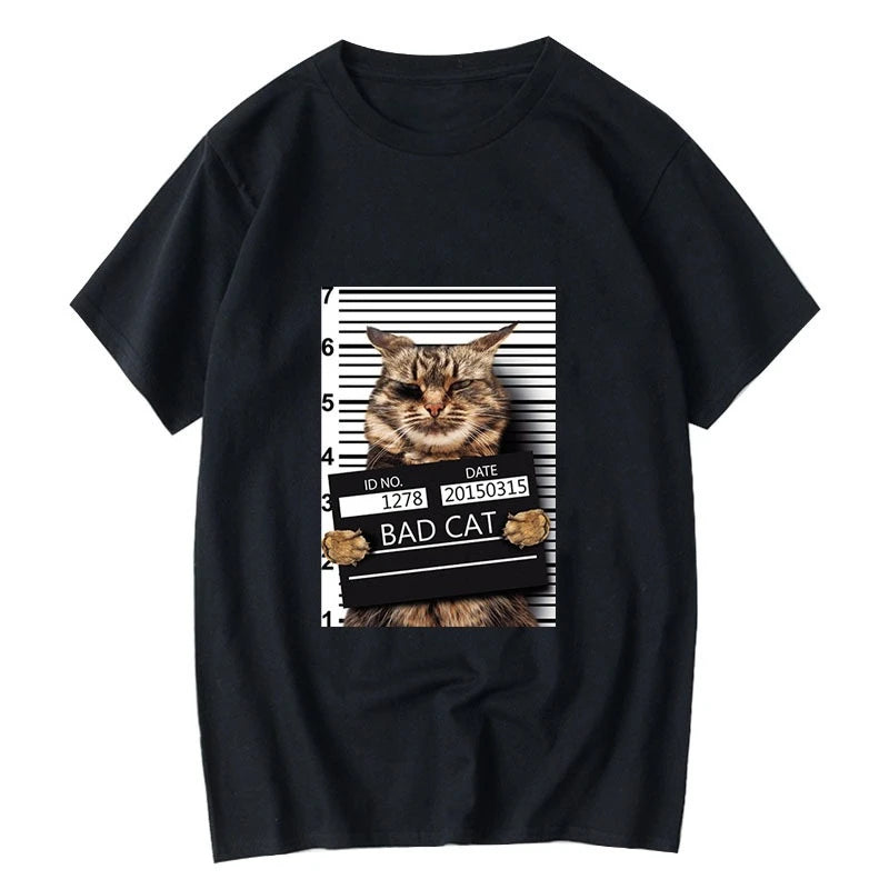 HOT SALE Funny Crime Cat Print Casual O Collar Loose Men T Shirt Summer Humor Unisex Short Sleeve Casual Creative Streetwear Top