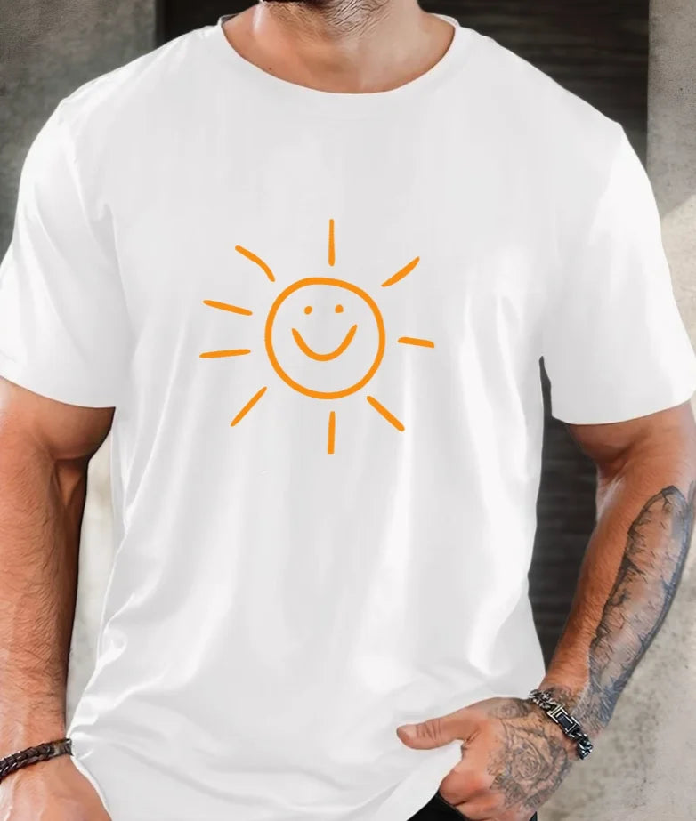Men's Smiling Sun Graphic Summer T-Shirt - White with Orange Casual Short Sleeve Round Neck Tee Outdoor Activities Casual Attire