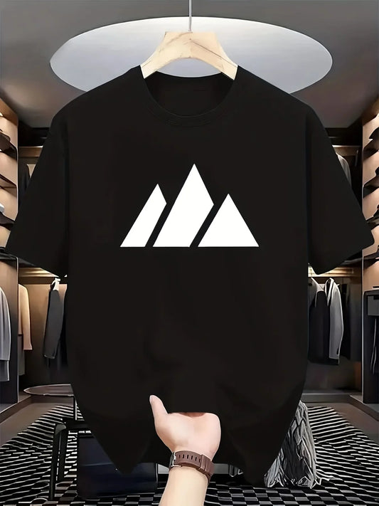 Black T-shirt with Three White Mountain Peak Logos| Round Neck, Comfortable, Soft and Breathable Summer T-shirt, Loose Fit, Printed Pattern, Perfect for Outdoor Enthusiasts and Fashion Lovers, Available in Plus Sizes