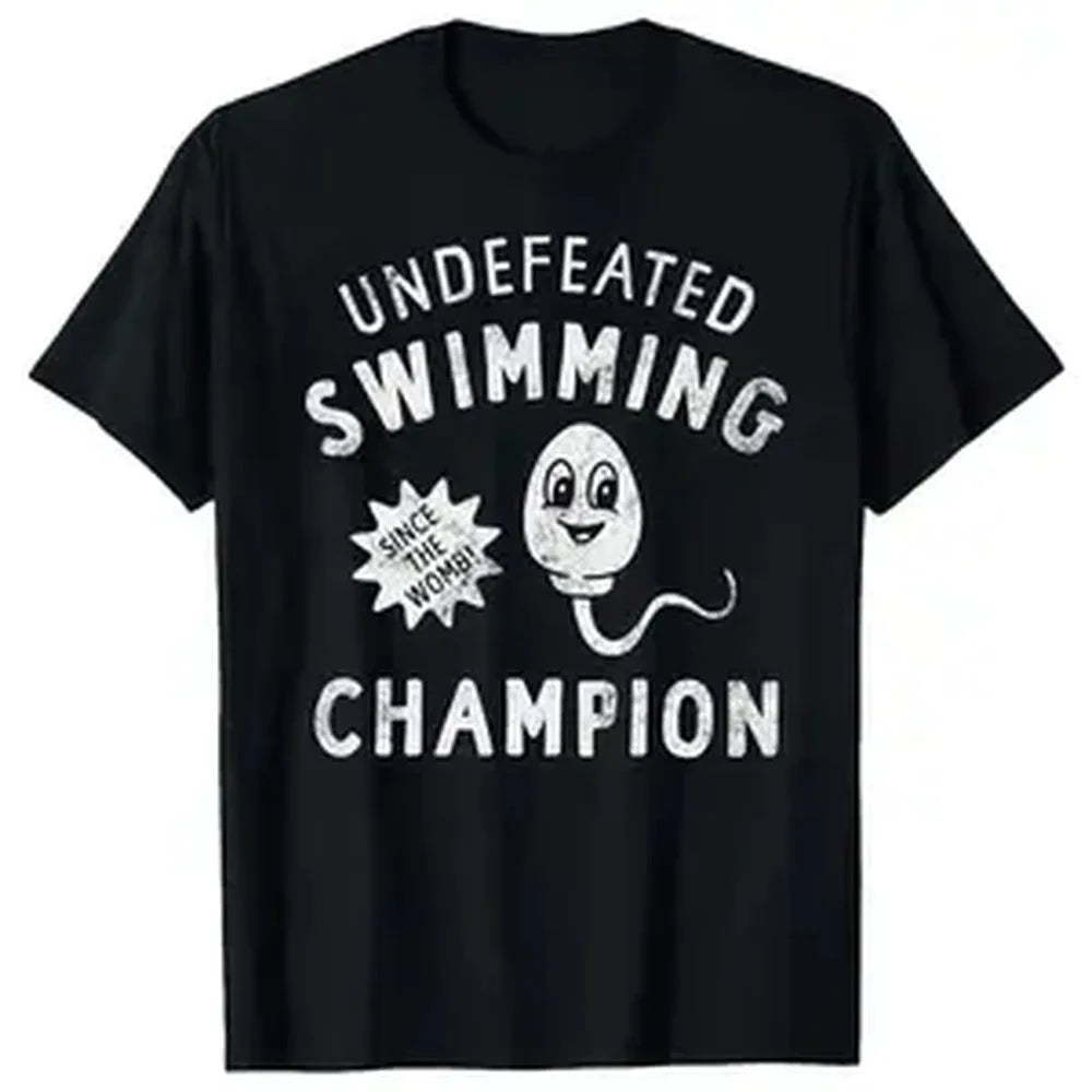 Unisex Funny Undefeated Swimming Champion T-Shirt Sperm Vintage Graphic Print Round Neck Short Sleeve Cotton Tee Casual Streetwear Humor Gift Tops For Men Women